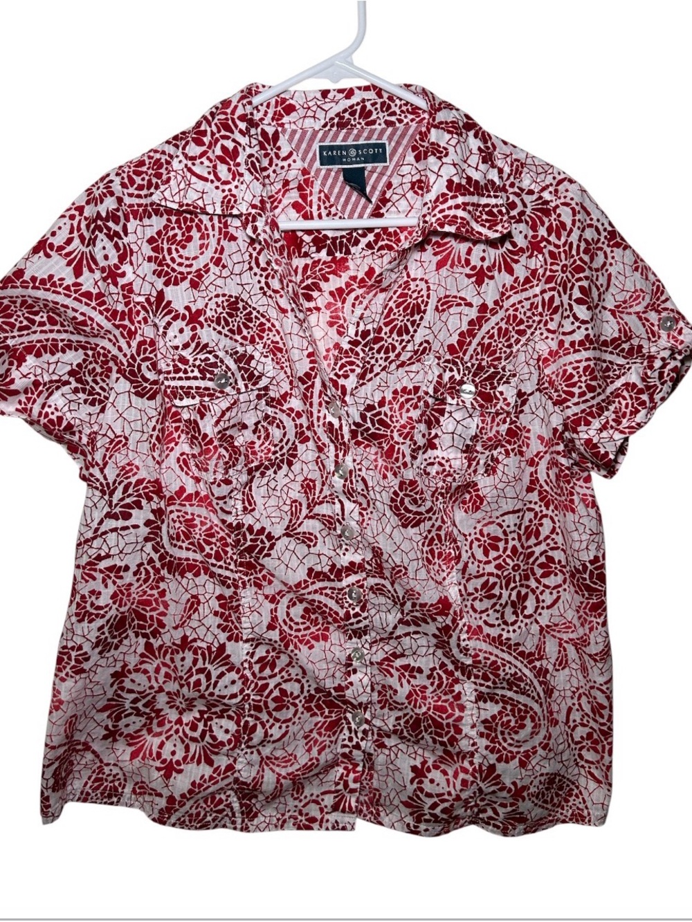 Karen Scott Red White Floral Short-Sleeve Button-Up Shirt 100% Cotton Nautical
